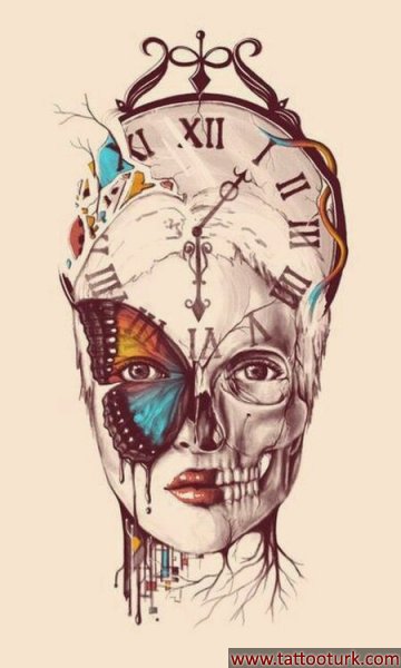 kadın kuru kafa  kelebek saat dövme modelleri dövme desenleri tattoo desing