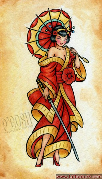 renkli geyşa dövme modelleri dövme desenleri tattoo desing